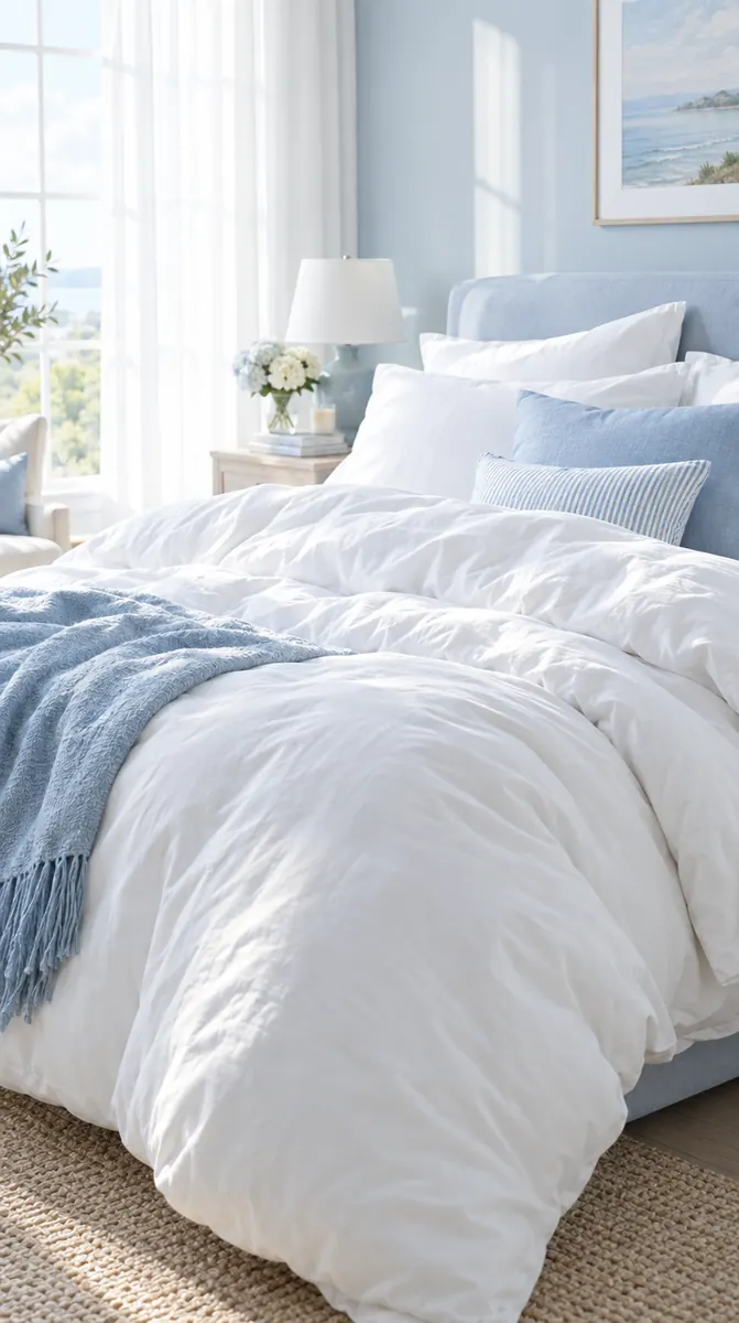 Ilustración de una cama con edredón blanco y cobija azul