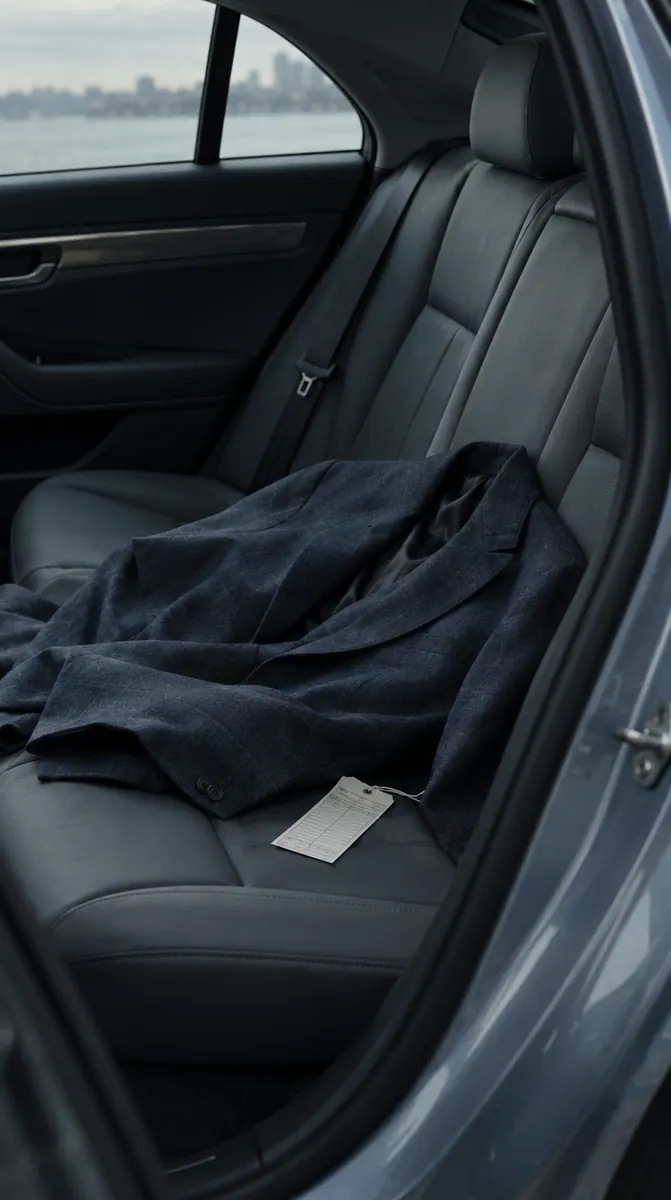 Ilustración de un saco azul marino sobre el asiento trasero de un coche