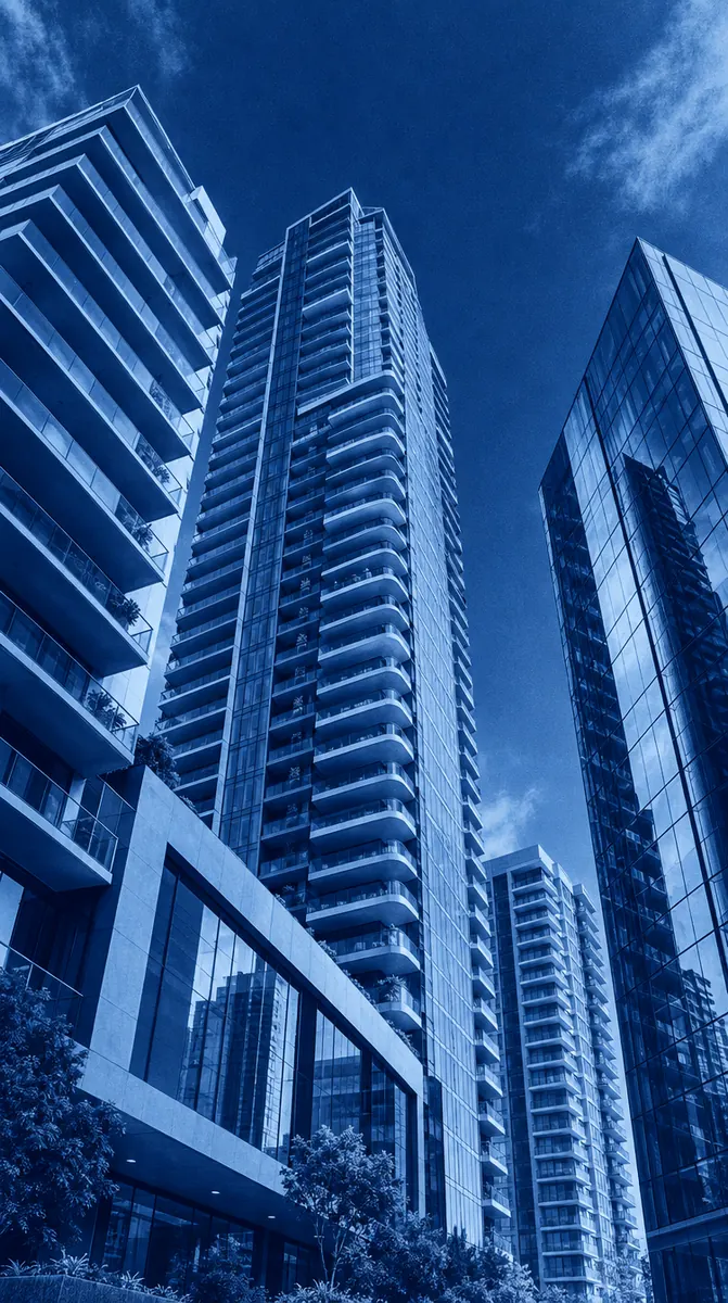 Ilustración de torres de departamentos en tonos azules